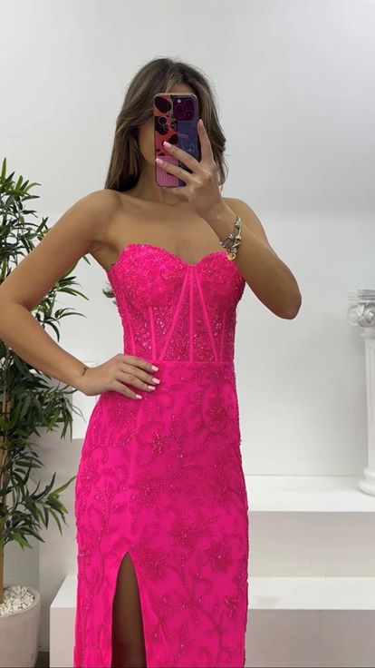 Neon Pembe Korse Detaylı Kalın Askılı Abiye Elbise