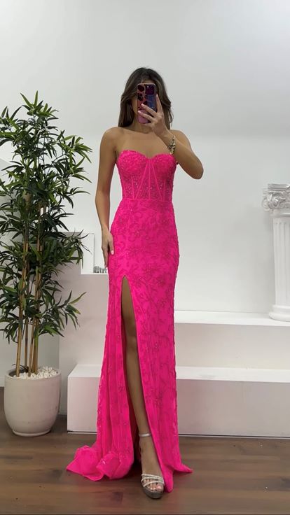 Neon Pembe Korse Detaylı Kalın Askılı Abiye Elbise