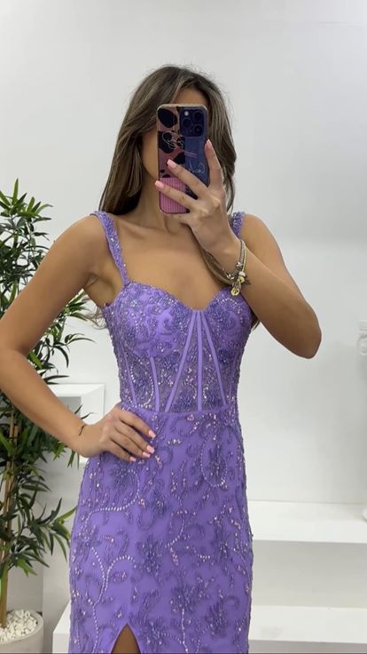 Lila Korse Detaylı Kalın Askılı Abiye Elbise