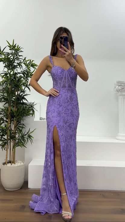 Lila Korse Detaylı Kalın Askılı Abiye Elbise