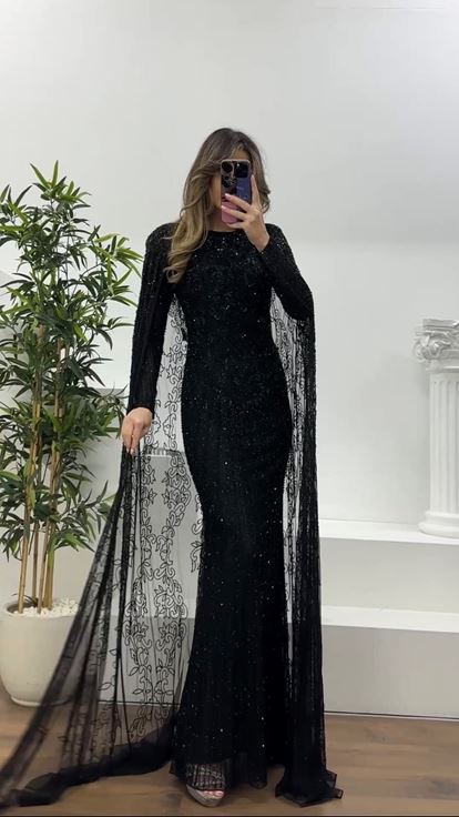 Siyah Vintage Motif İşlemeli Uzun Abiye Elbise