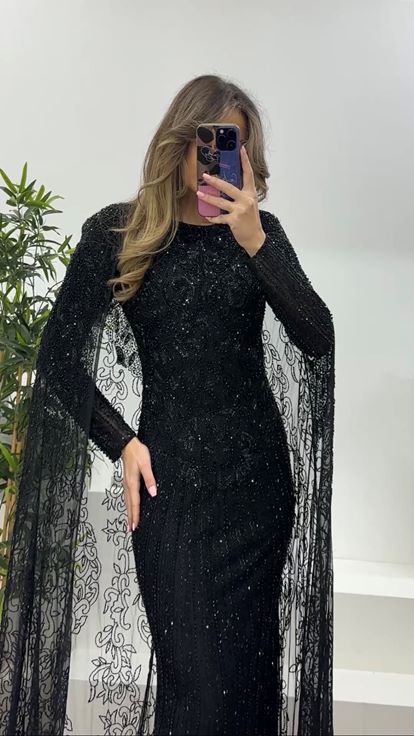 Siyah Vintage Motif İşlemeli Uzun Abiye Elbise