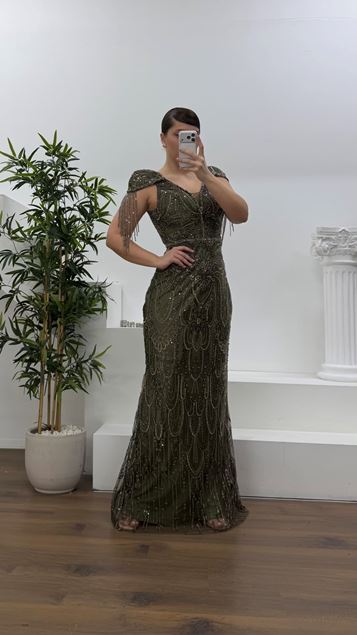 Haki V Yaka   Zincir Püskül Detaylı Abiye Elbise