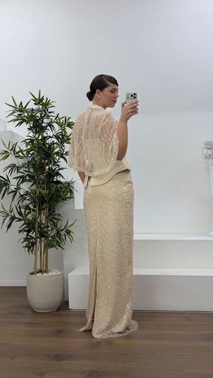 Gold Straplez  Pelerinli Pul Payet Büyük Beden Abiye Elbise