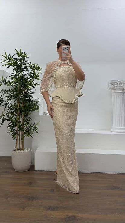 Gold Straplez  Pelerinli Pul Payet Büyük Beden Abiye Elbise