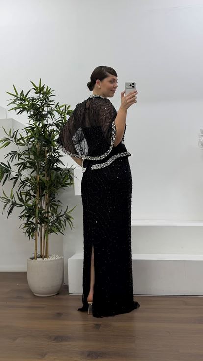 Siyah Straplez  Pelerinli Pul Payet Büyük Beden Abiye Elbise