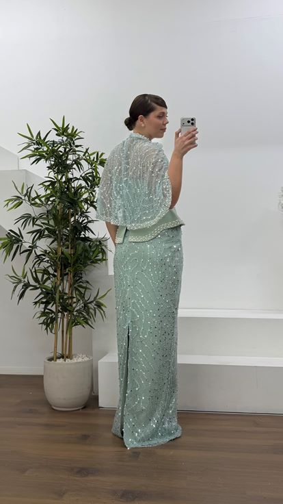 Mint Straplez  Pelerinli Pul Payet Büyük Beden Abiye Elbise