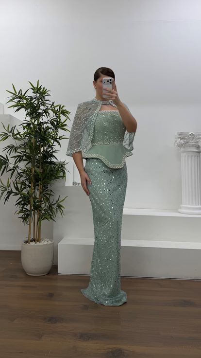 Mint Straplez  Pelerinli Pul Payet Büyük Beden Abiye Elbise