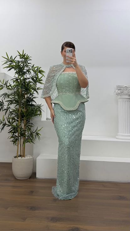 Mint Straplez  Pelerinli Pul Payet Büyük Beden Abiye Elbise