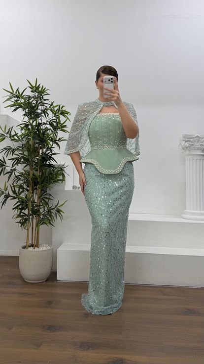 Mint Straplez  Pelerinli Pul Payet Büyük Beden Abiye Elbise