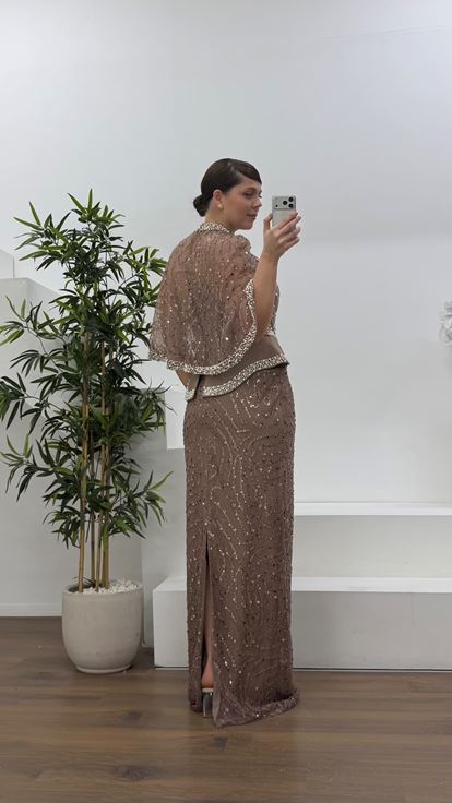 Kahverengi Straplez  Pelerinli Pul Payet Büyük Beden Abiye Elbise