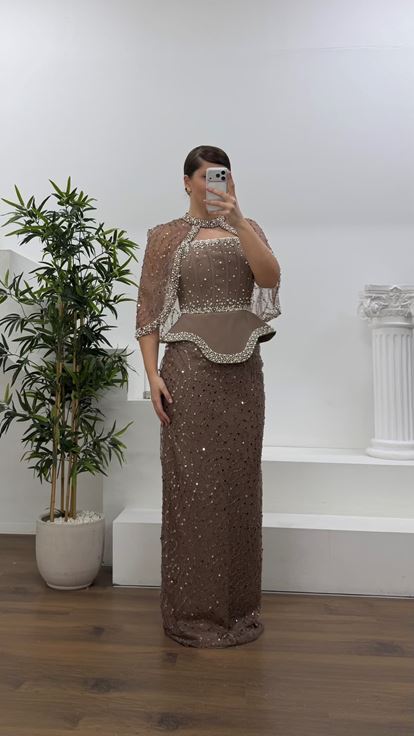 Kahverengi Straplez  Pelerinli Pul Payet Büyük Beden Abiye Elbise