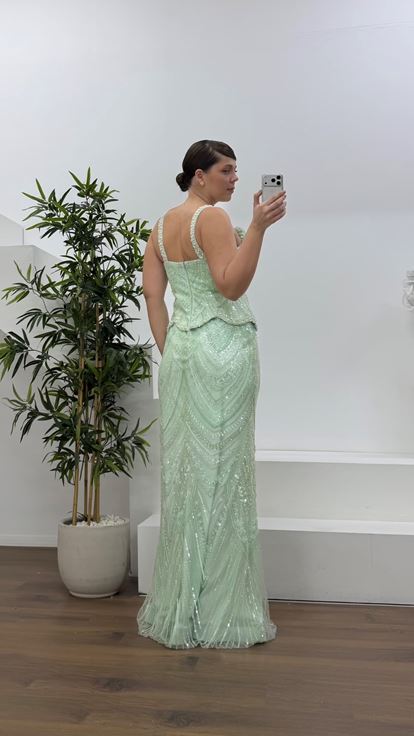 Mint Dalga Form Peplum Detaylı Kalın Askılı Büyük Beden Abiye Elbise