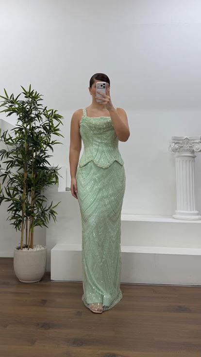 Mint Dalga Form Peplum Detaylı Kalın Askılı Büyük Beden Abiye Elbise