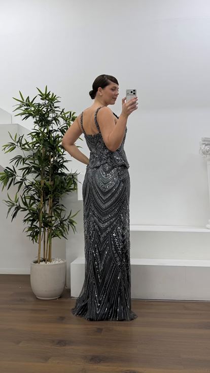 Antrasit Dalga Form Peplum Detaylı Kalın Askılı Büyük Beden Abiye Elbise