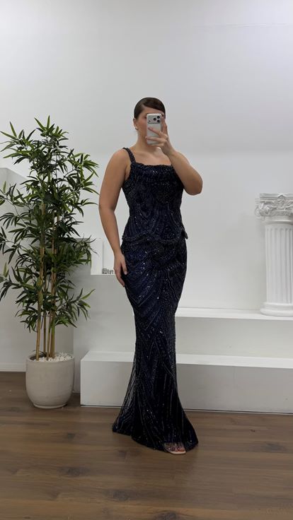 Lacivert Dalga Form Peplum Detaylı Kalın Askılı Büyük Beden Abiye Elbise