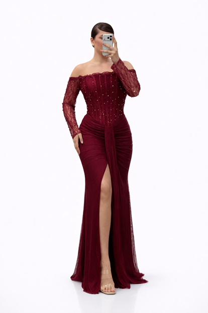 Bordo İnci İşlemeli Kayık Yaka Drapeli Uzun Dantel Büyük Beden Abiye Elbise