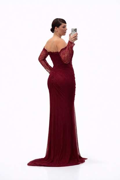 Bordo İnci İşlemeli Kayık Yaka Drapeli Uzun Dantel Büyük Beden Abiye Elbise