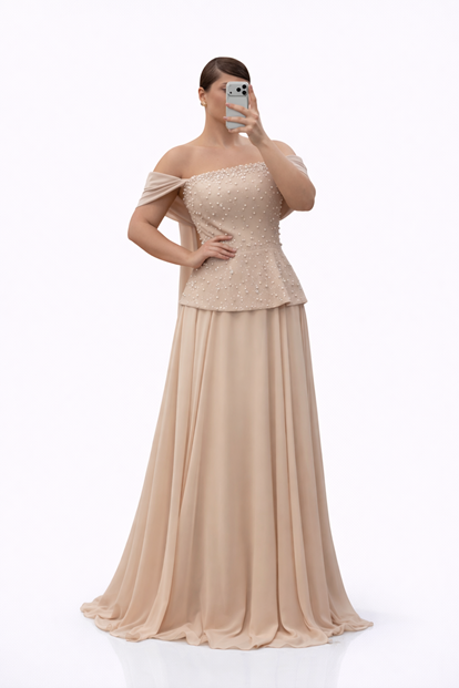 Vestido de noche largo de gasa con peplum y adornos de piedras y perlas  talla grande