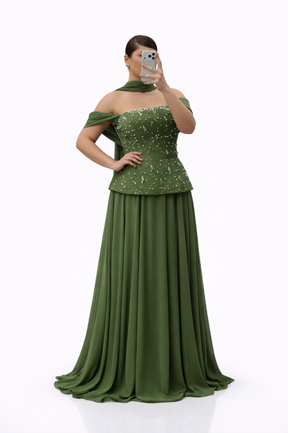 Haki İnci İşlemeli Peplum Üstlü Uzun Şifon Büyük Beden Abiye Elbise