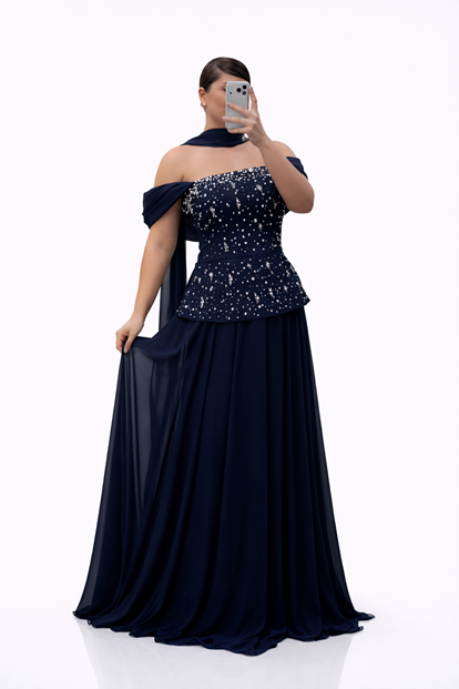 Lacivert İnci İşlemeli Peplum Üstlü Uzun Şifon Büyük Beden Abiye Elbise