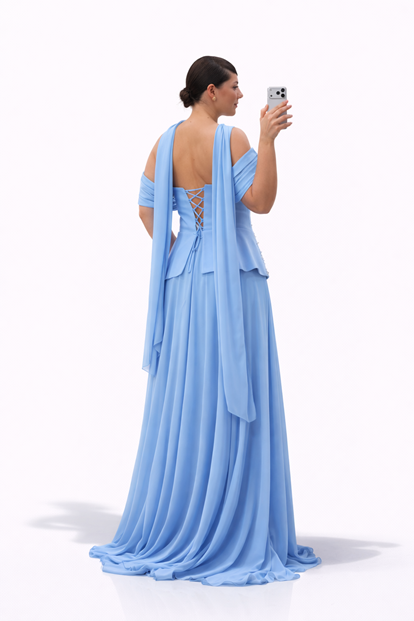 Bebe Mavi İnci İşlemeli Peplum Üstlü Uzun Şifon Büyük Beden Abiye Elbise