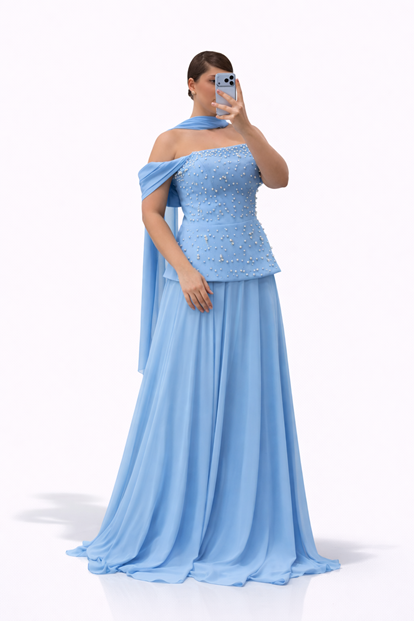 Bebe Mavi İnci İşlemeli Peplum Üstlü Uzun Şifon Büyük Beden Abiye Elbise