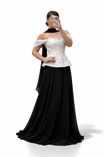 Vestido de noche largo de gasa con peplum y adornos de perlas de color hueso negro  talla grande