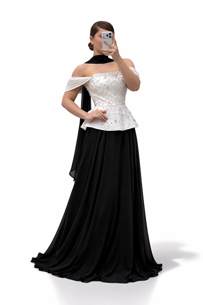 Siyah Kemik İnci İşlemeli Peplum Üstlü Uzun Şifon Büyük Beden Abiye Elbise