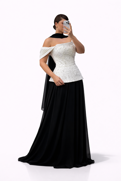 Siyah Kemik İnci İşlemeli Peplum Üstlü Uzun Şifon Büyük Beden Abiye Elbise