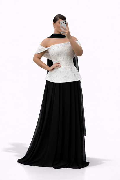 Siyah Kemik İnci İşlemeli Peplum Üstlü Uzun Şifon Büyük Beden Abiye Elbise