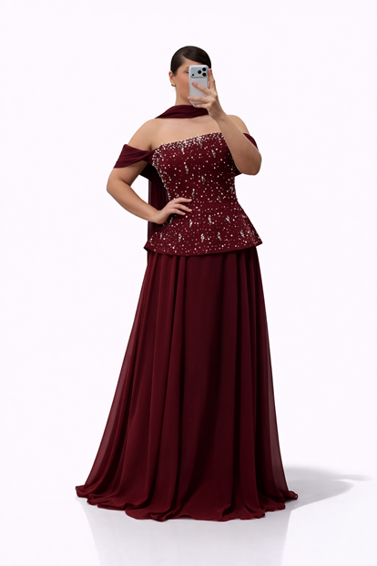 Bordo İnci İşlemeli Peplum Üstlü Uzun Şifon Büyük Beden Abiye Elbise