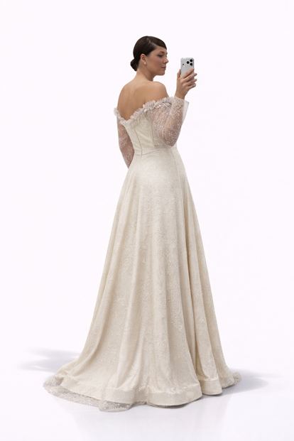 Gold Işıltılı Puantiye Detaylı Kalp Yaka Görünümlü Büyük Beden Abiye Elbise