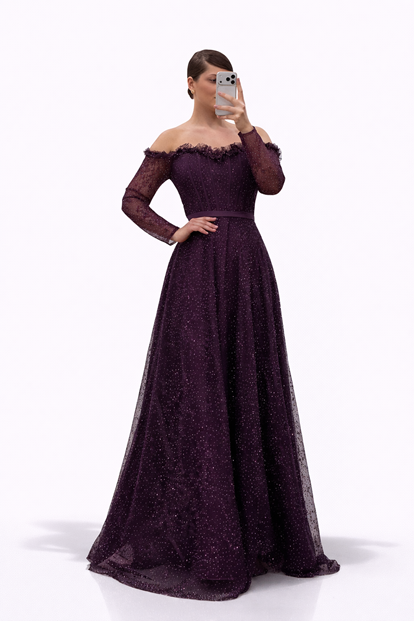 Mürdüm Işıltılı Puantiye Detaylı Kalp Yaka Görünümlü Büyük Beden Abiye Elbise