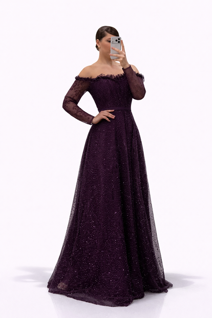 Mürdüm Işıltılı Puantiye Detaylı Kalp Yaka Görünümlü Büyük Beden Abiye Elbise