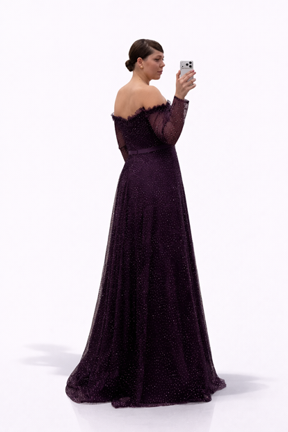 Mürdüm Işıltılı Puantiye Detaylı Kalp Yaka Görünümlü Büyük Beden Abiye Elbise