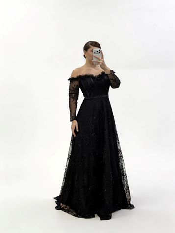 Siyah Işıltılı Puantiye Detaylı Kalp Yaka Görünümlü Büyük Beden Abiye Elbise