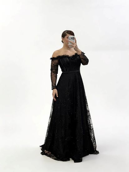 Siyah Işıltılı Puantiye Detaylı Kalp Yaka Görünümlü Büyük Beden Abiye Elbise