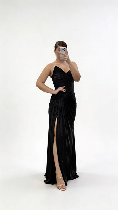 Black Asymmetrical Curved Draped Strapless Plus Size Evening Dress