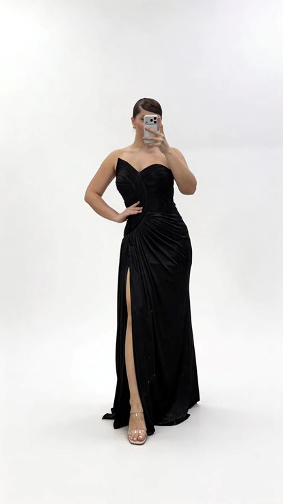 Black Asymmetrical Curved Draped Strapless Plus Size Evening Dress