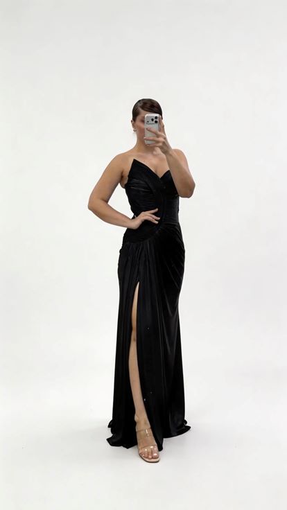 Black Asymmetrical Curved Draped Strapless Plus Size Evening Dress