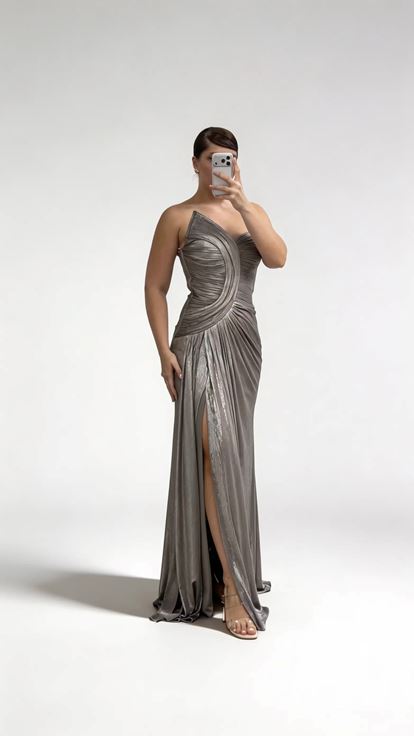 Stone Asymmetrical Curved Draped Strapless Plus Size Evening Dress