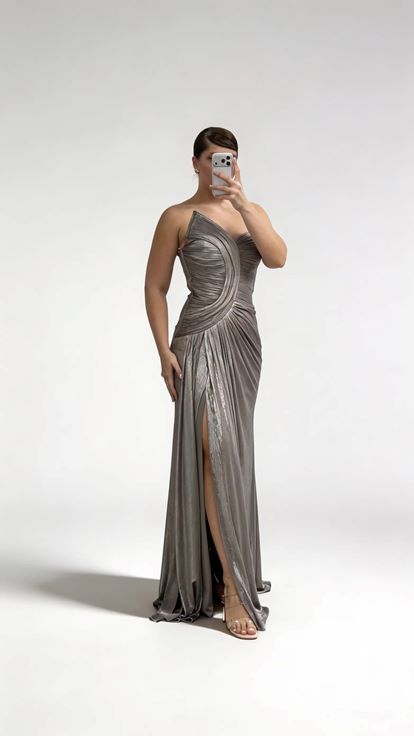 Stone Asymmetrical Curved Draped Strapless Plus Size Evening Dress