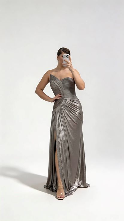 Stone Asymmetrical Curved Draped Strapless Plus Size Evening Dress