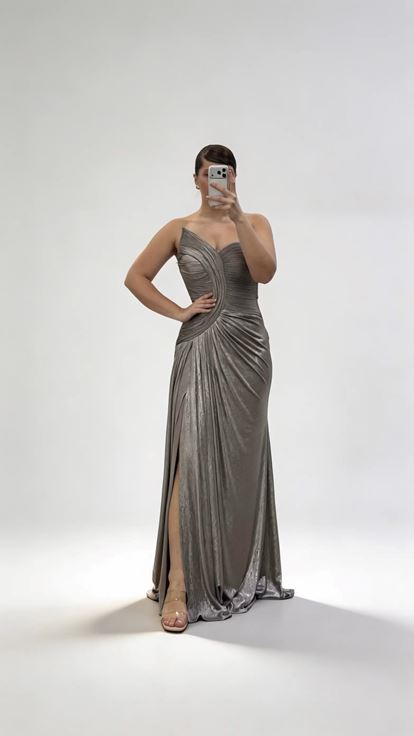 Stone Asymmetrical Curved Draped Strapless Plus Size Evening Dress