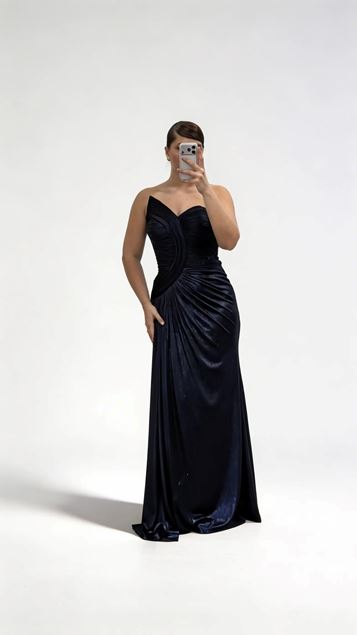 Lacivert Asimetrik Kavis Drapeli Straplez Büyük Beden Abiye Elbise