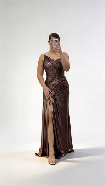 Bakır Asimetrik Kavis Drapeli Straplez Büyük Beden Abiye Elbise