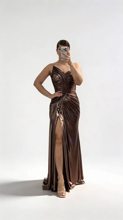 Kupferfarbenes  asymmetrisches  geschwungenes  drapiertes  trägerloses Abendkleid in großen Größen