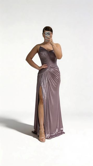 Lila Asimetrik Kavis Drapeli Straplez Büyük Beden Abiye Elbise