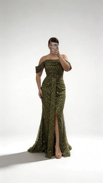 Khakifarbenes  drapiertes Abendkleid in Übergröße mit Paillettenbesatz und seitlich fließenden Ärmeln 